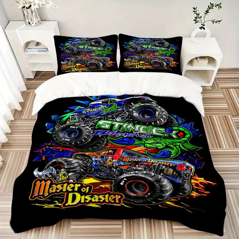 3pcs Monster Truck Stinger Unleashed & Master of Disaster Graphic Printed Home Decor Bedding Set-Universal Three-Piece Suit for Bedroom, Gue