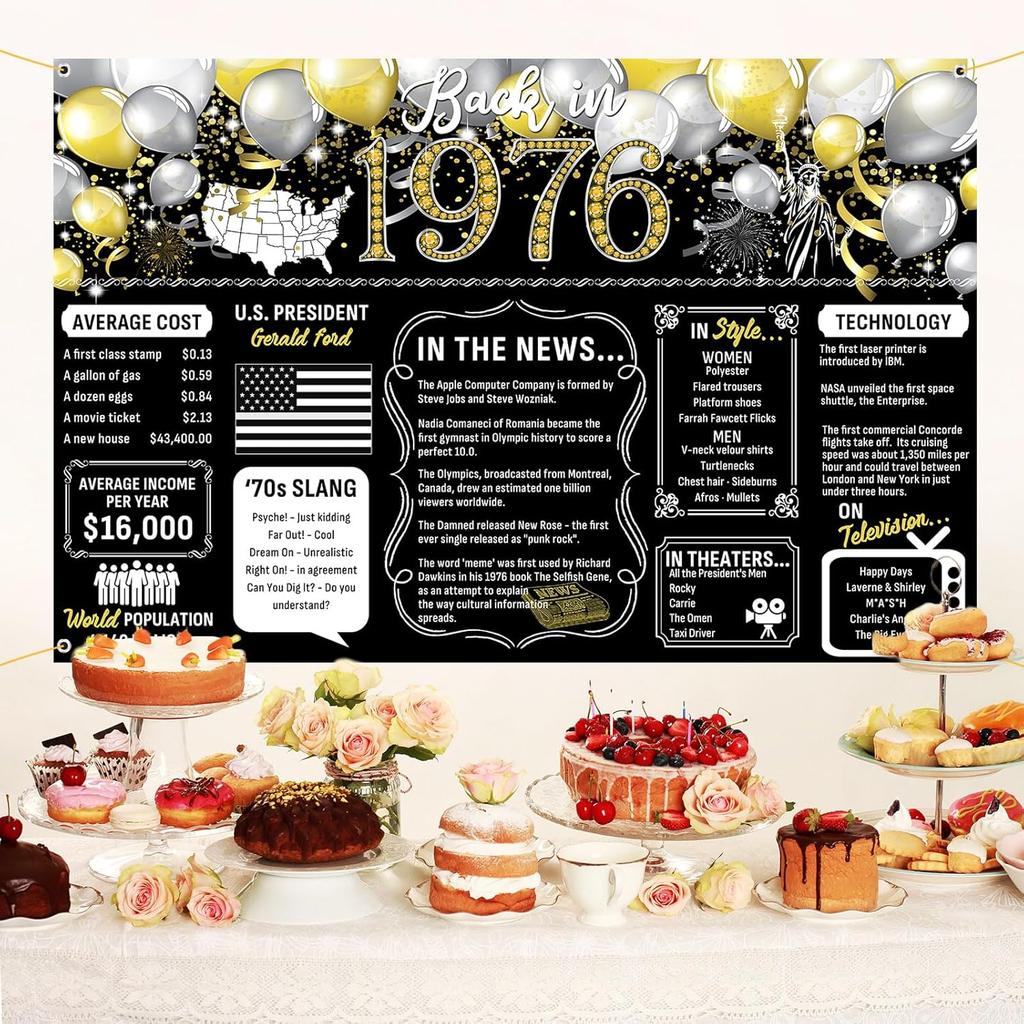 50th Birthday Black Gold Party Decoration Back In 1976 Backdrop Large Banner Birthday Party Poster Supplies Vintage 1976 Photography Background for