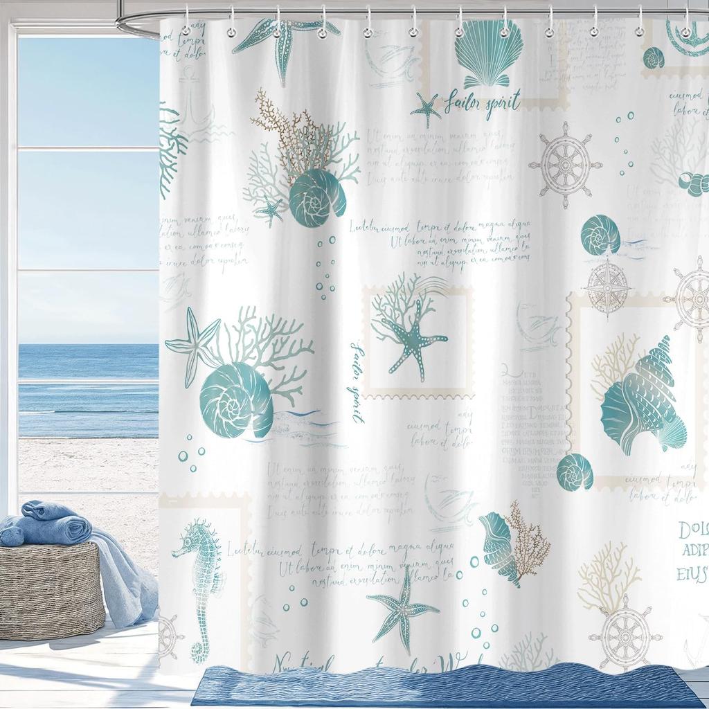 Coastal Beach Seahorse Starfish Shower Curtain, Ocean Themed Scallop Nautical Beach Scene Seashell Shower Curtains for Bathroom