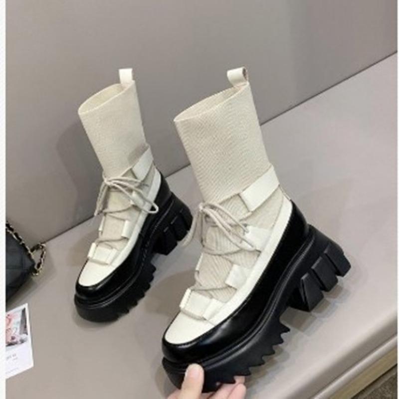 Comemore Casual Gladiator Sock Boot England Style Women Knitted Platform Ankle Boots Botas  Autumn Thick Heels Ladies Shoes