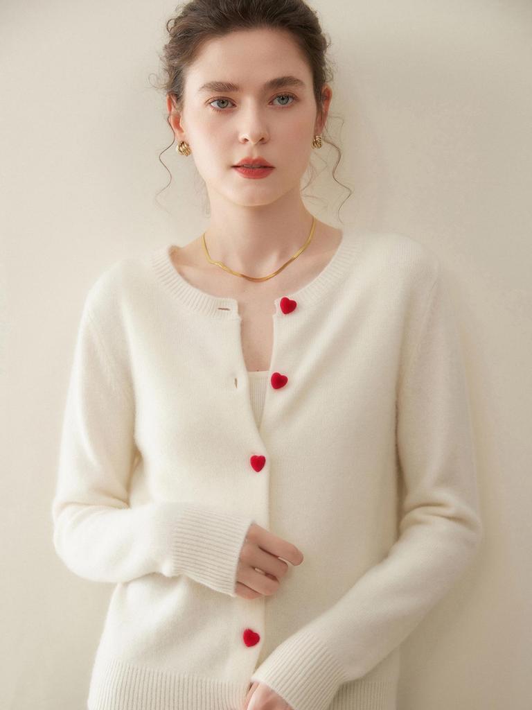 Women's Round Neck Cashmere Cardigan - Soft, Knitted Sweater with Heart Buttons, Versatile Solid Color Top