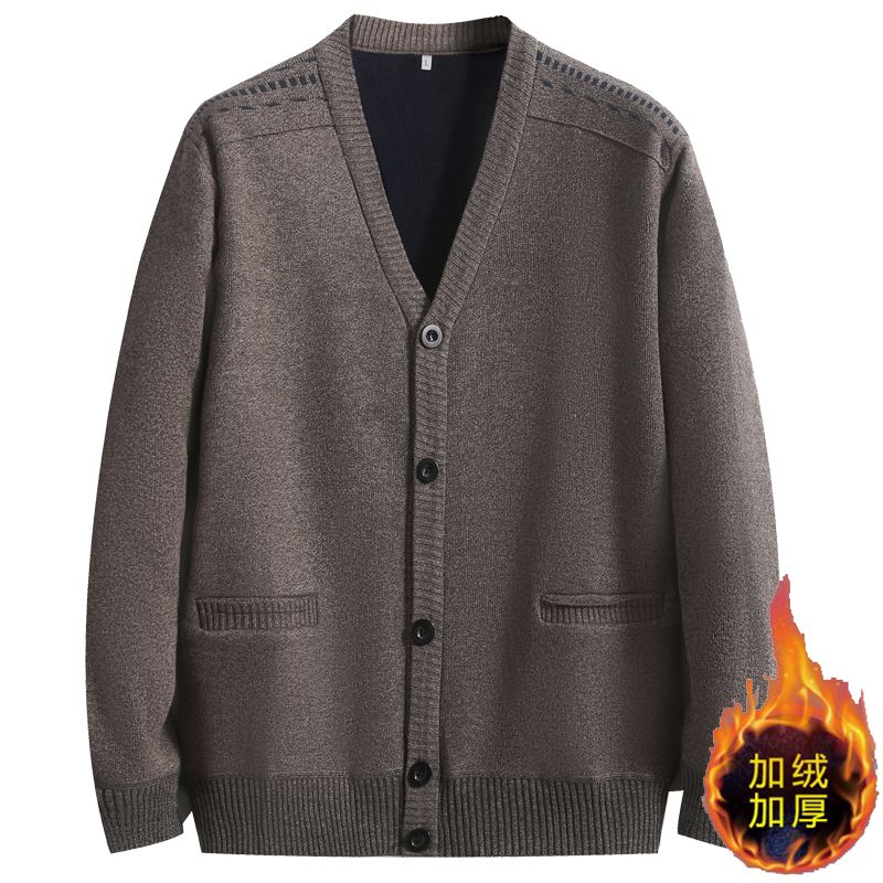 

Autumn Winter Thickened Velvet Solid Color V-neck Knitted Cardigan Sweater Middle-aged Elderly People with Long Sleeves L хакі