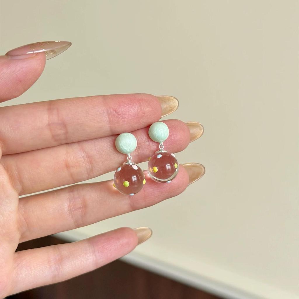 Colorful Forest Polka Dot Transparent Bead Earrings: Sweet, Cute, Girlish Fashionable Studs with Unique Niche Design