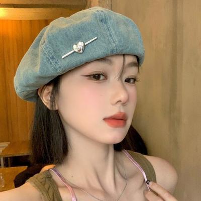 Brimless Design Painter Hat Adjustable Washed Denim Octagonal Hat Casual Beret Hat  for Women Girls