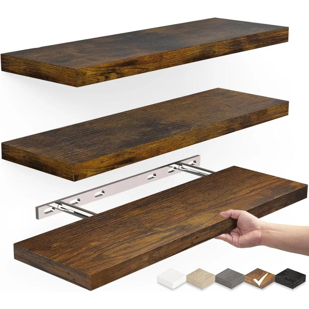 Mensola a Muro Galleggiante Senza Foratura Scaffale Portaoggetti Monopezzo per Articoli da Toeletta del Bagno, Scaffale Espositore per Bottiglie di Spezie della Cucina, Legno Massiccio Spesso 60 cm