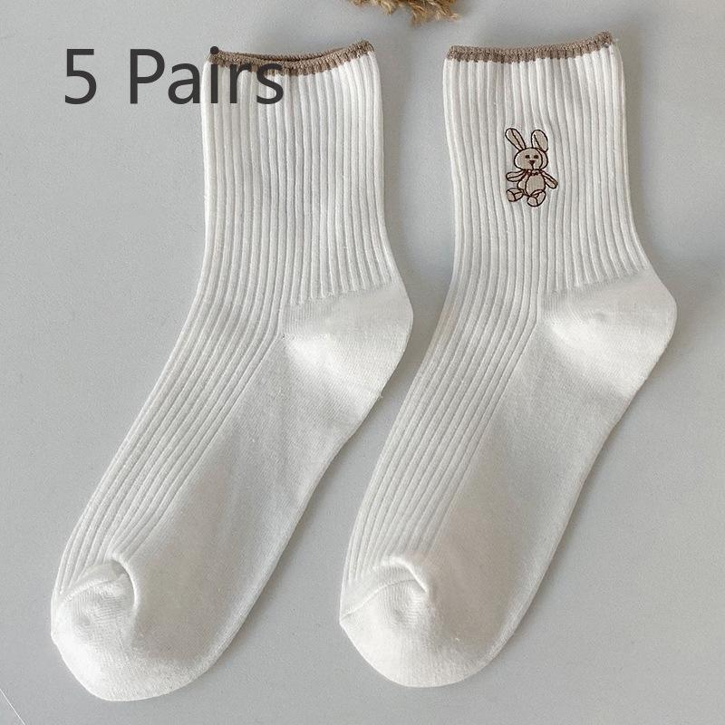 5 Paar Damen Herbst und Winter Neue Baumwolle Lieblich Einfarbig Dünne Streifen Stickerei Hase In Der Röhre Frotteesocken