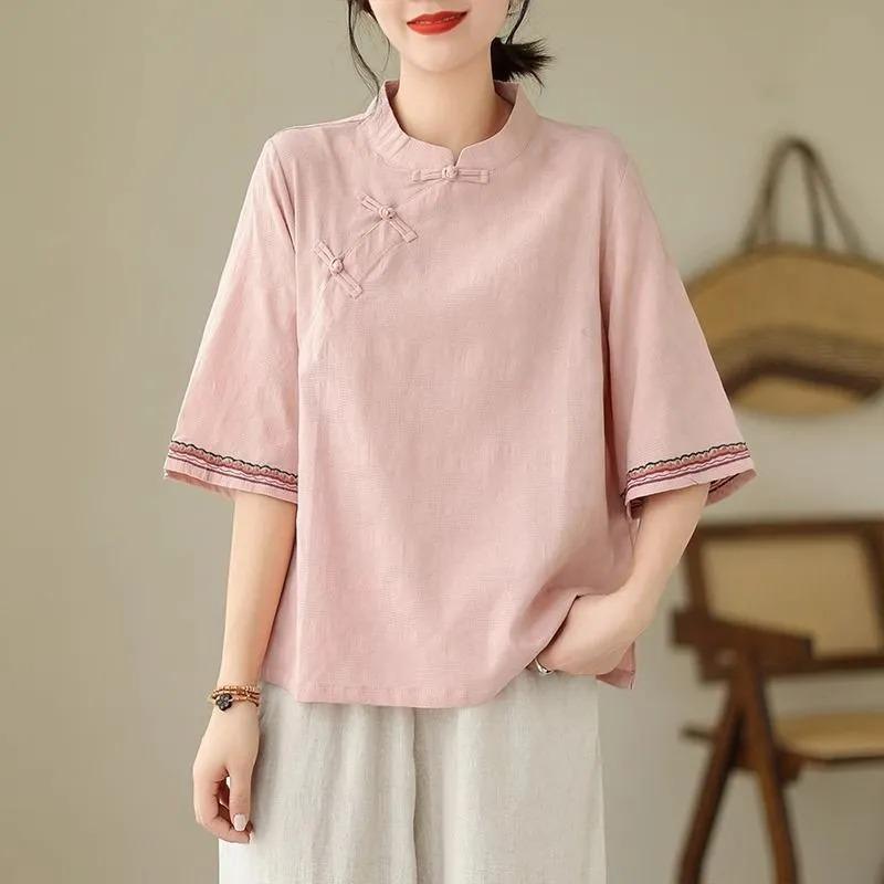 Middle-aged and Elderly Ethnic Style Slant-front Buttoned Embroidered Shirt Loose Stand-up Collar Cotton Mid-sleeves Jacquard Literary Retro