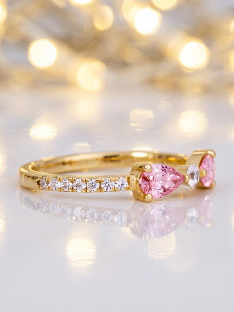 Exquisite Pink Bow-shaped Zircon Gold Ring-stackable Jewelry-ladies Jewelry
