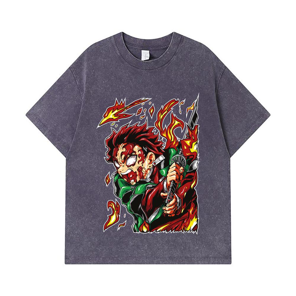 275 GSM Washed T-shirts 100% Cotton Demon Slayer V101 Tanjiro Print Unisex Heavy Cotton T Shirt