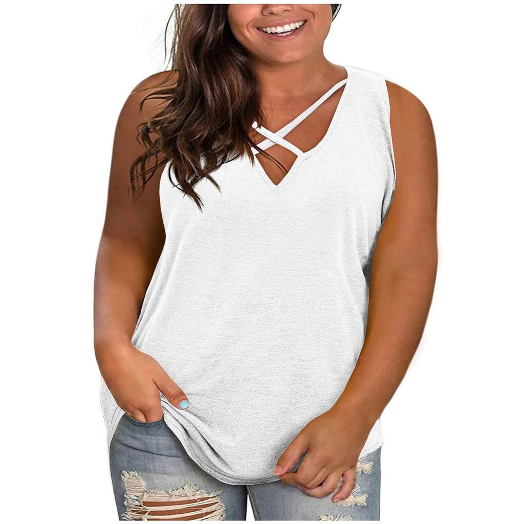 New Plus Size Women's Combed Cotton V Neck Sleeveless T-shirt, Loose Casual Pullover Top for Women European American Style