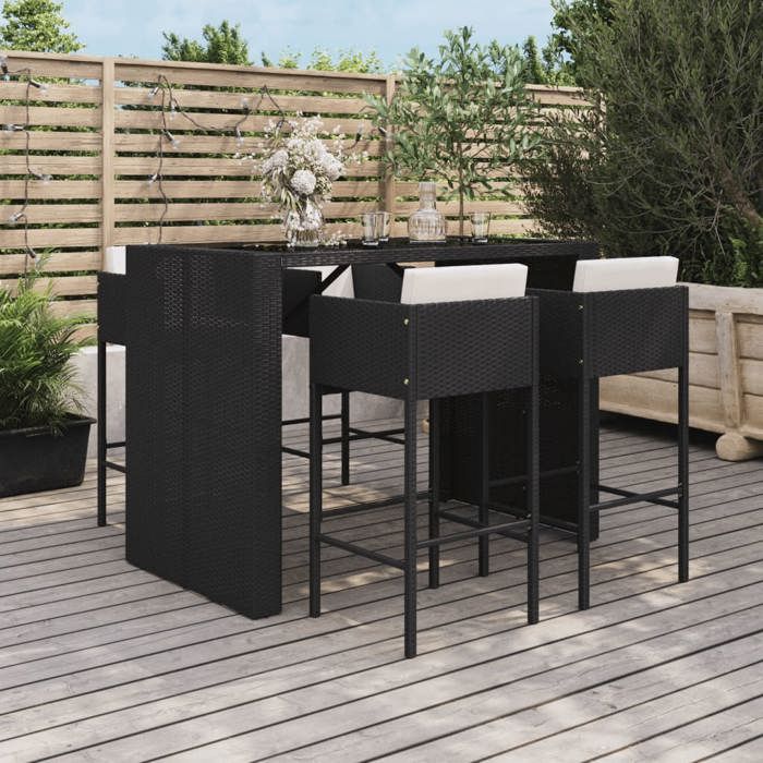 Meuble de jardin - Ensemble bar de jardin 5 pcs - Rotin poly noir - Table verre trempé - 4 tabourets avec coussins