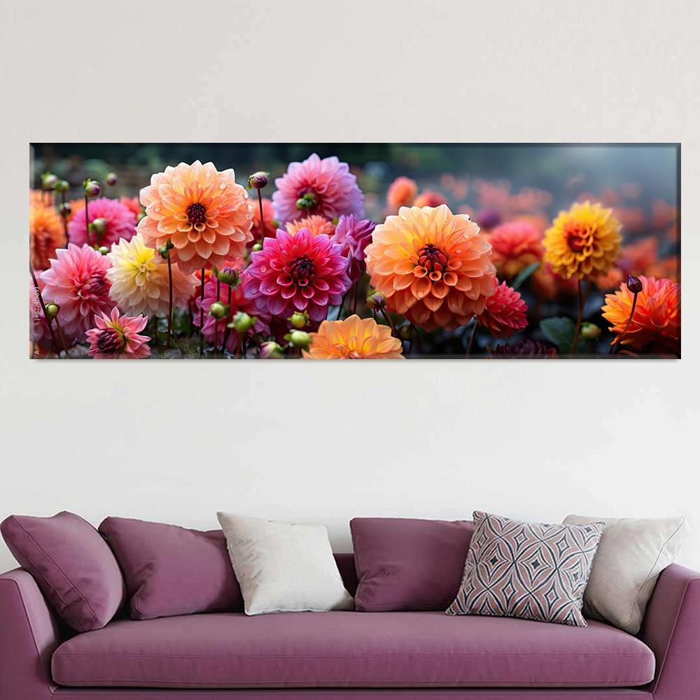 Autumn Dahlia Mix Flowers with Rain Drops Canvas Painting, Colorful Flower Posters, Garden Prints, for Living Room Decor, Quadro