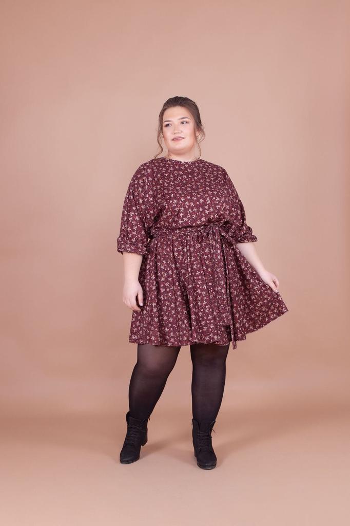 Women's Big Size Dress Plus Size Burgundy Velvet Floral Patterned Bat Sleeve Dress