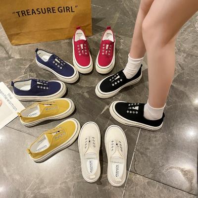 Damen Canvas Schuhe Frühling Herbst Schnürlos Atmungsaktiv Persönlichkeit Passend All-Match Board Schuhe Bequem Gummi Sohle