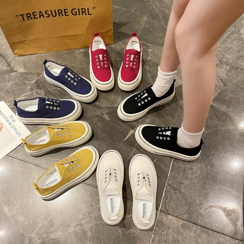 Women's Canvas Shoes Spring Autumn No-Tie Breathable Personality Match All-Match Board Shoes Comfortable Rubber Bottom