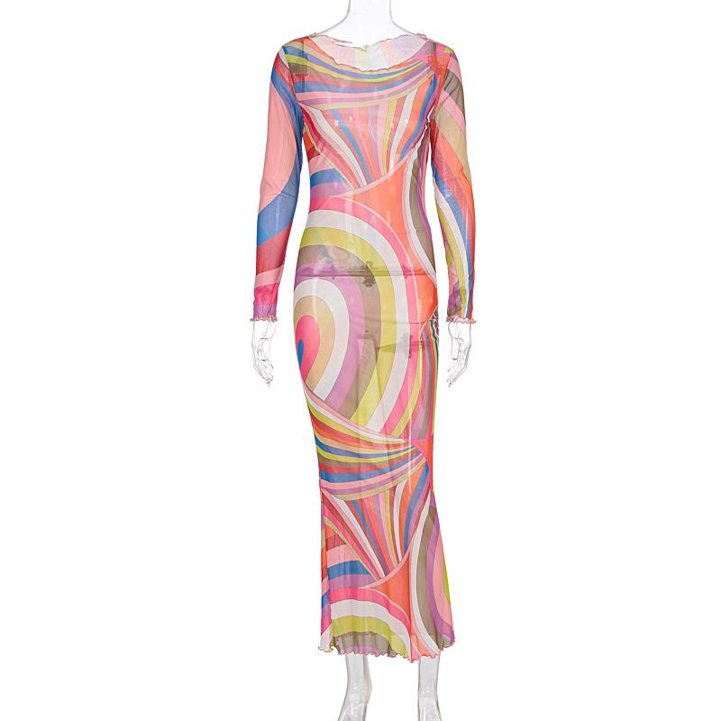 

2025 Новый продукт, Модный, Сексуальный, Круглый вырез, Сетчатая перспектива, Чувство дизайна, Цветовой контраст, Платье с принтом, стройнящее L