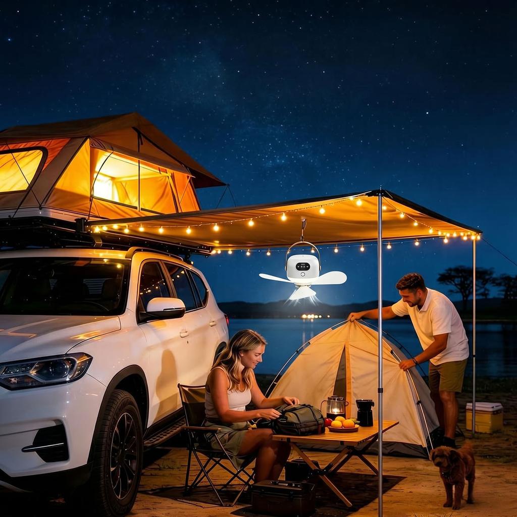 Wireless Tent Fan with 3 Speeds Timer Tent Ventilator Cooler LED Light Rechargeable for Outdise Canopy Porch Gazebo Beach