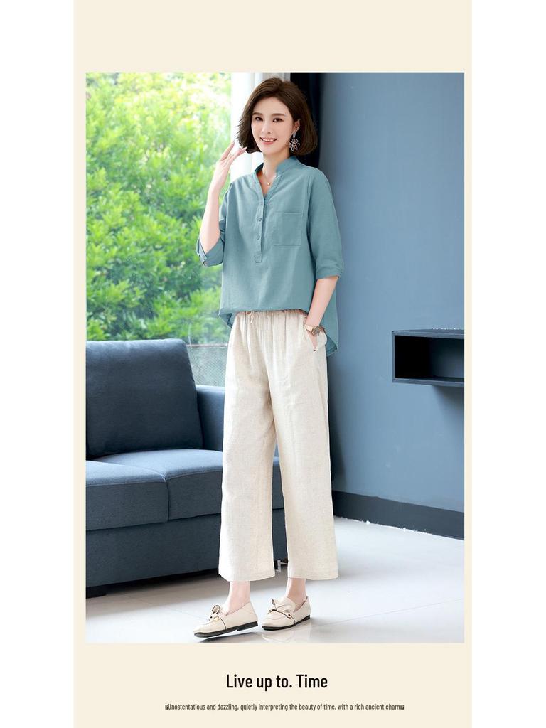 Trendy 2023 Cotton-Linen Two-Piece Set: Short-Sleeved Shirt & Summer Suit for Middle-Aged Moms