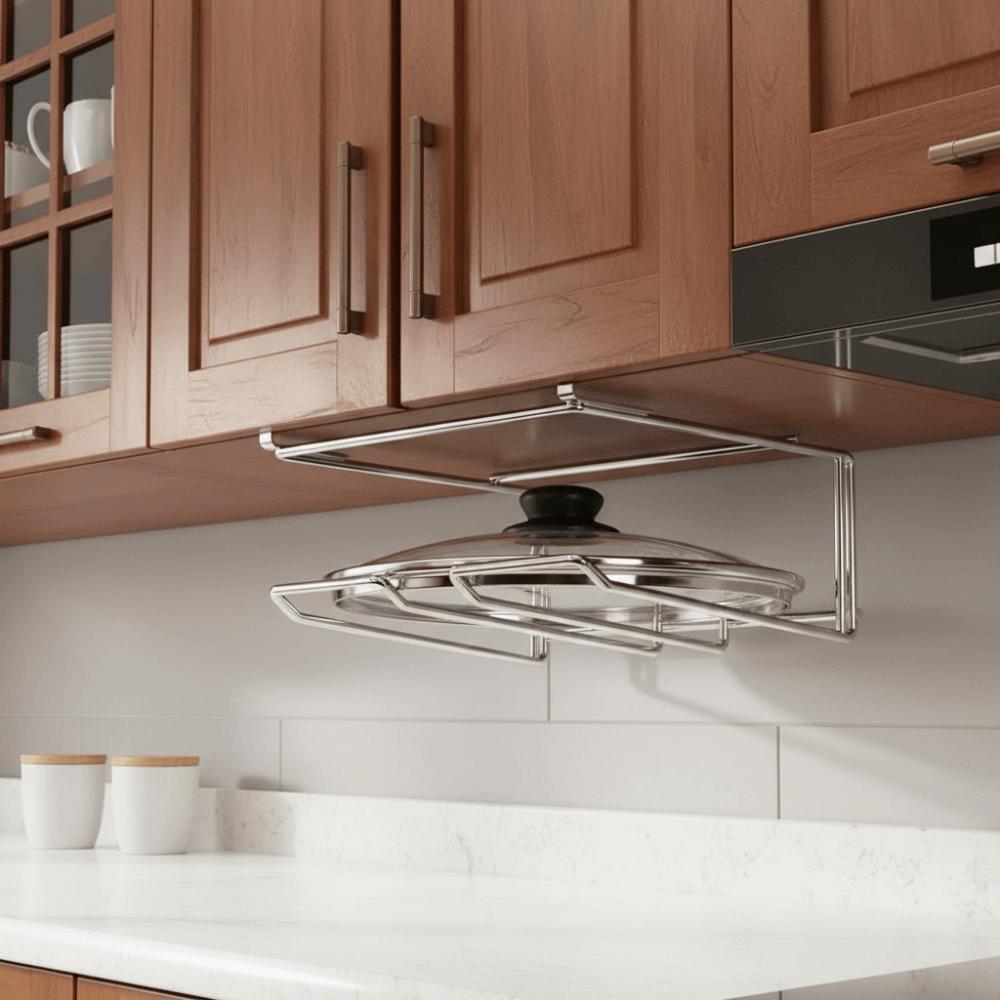 Wall Mounted Under Cabinet Storage Rack No-Drill Pot Lid Storage Rack for Kitchen