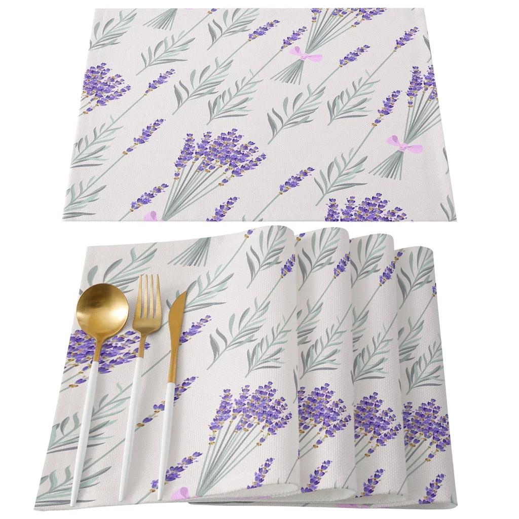 1PC Table Mats Purple Lavender Printed Linen   Kitchen Accessories Home Party Decorative Placemats