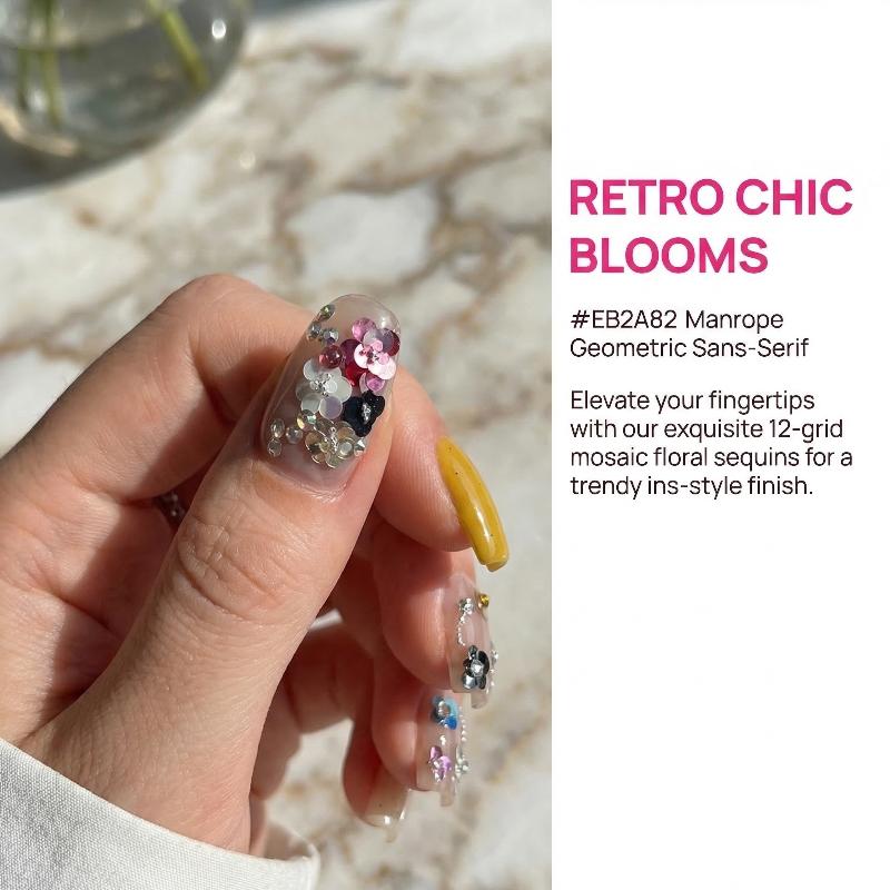 Nagelglitzer-Pailletten 12-Fächer-Set Bunte Mini-Blumen und Wellenpunkte für DIY-Nagelkunst Professionelle und Heimnutzung