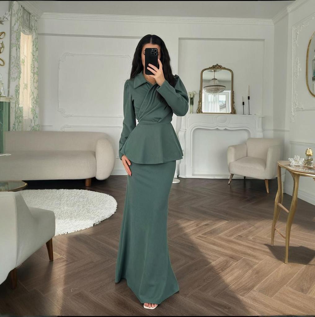 2025 cross-border European and American autumn new lapel temperament commuter top waist hip wrap one step skirt women's clothing