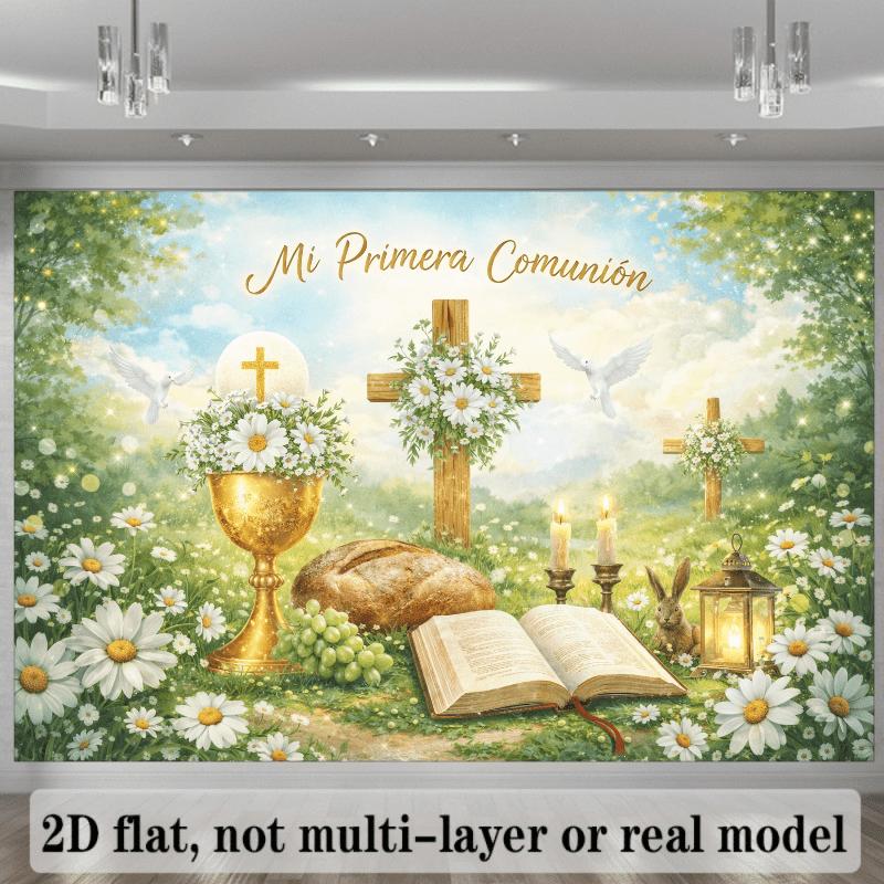 One Background Cloth for the First Communion Party with Golden Glitter and the Text "Mi Primera Comunión" As the Theme.