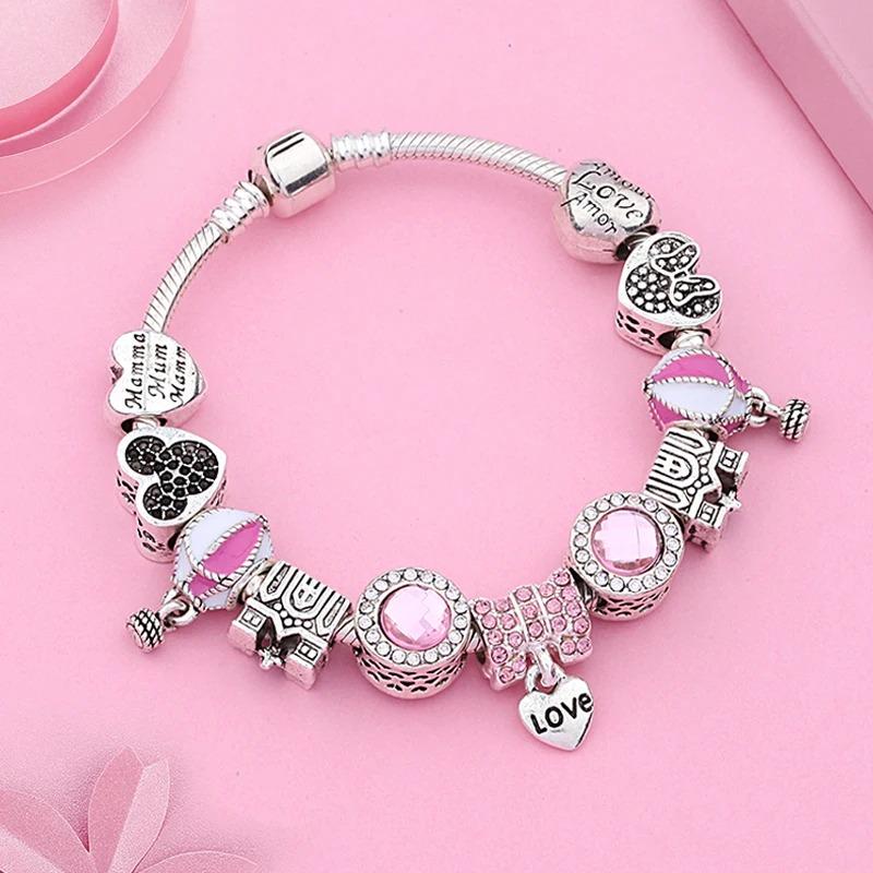 Pink Enamel Crystal Air Balloon Love Pendant Charm Bracelets for Women Girl Silver Plated Castle Minnie Bead Jewelry