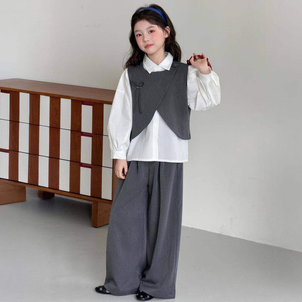 2026 Girls' Spring Academy Style Three-Piece Outfit: Bow Vest, Shirt & Suit