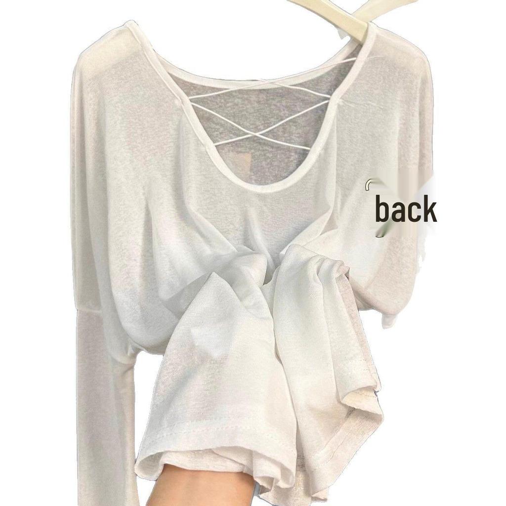 2025 Summer Ice Silk Backless Cutout Sun Protection Cardigan - Slimming Loose Fit Long Sleeve Top