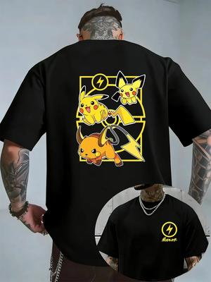 2026 Summer Potdemiel Pikachu Print Men's Cotton T-Shirt, Casual and Stylish Men's Top, Comfortable and Breathable Men's T-Shirt