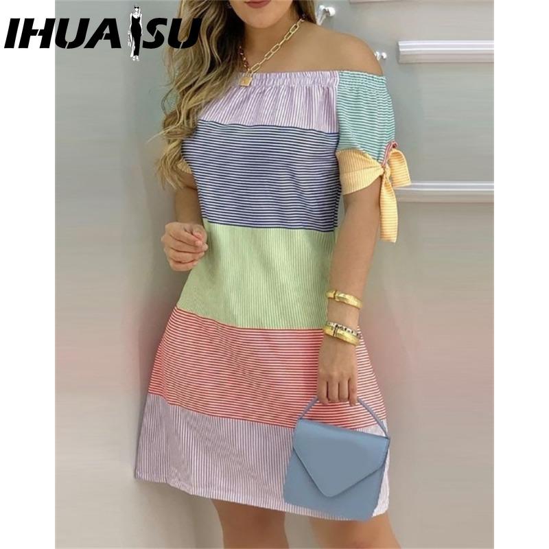 IHUASU Women Fashion Off Shoulder Dress Short Sleeve Bow Tie Print Dresses Summer Beach Dresses Plus Size