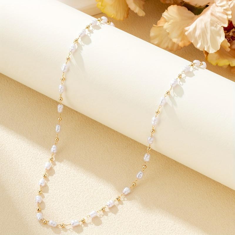 Pearl Necklace French Retro Court Style Gold Plated Allergy Free Alloy Jewelry for Girls School Daily Wear