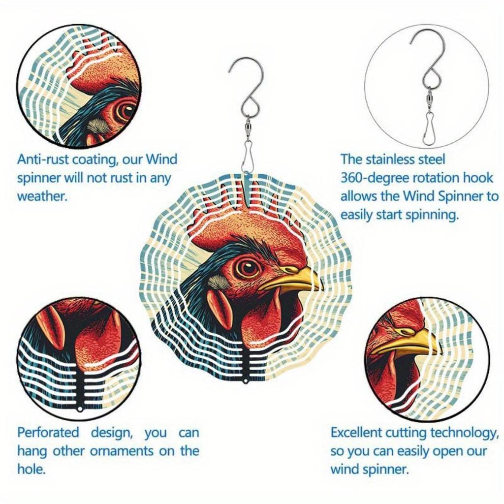 Farm Rooster Wind Chime Outdoor Metal Spinning Garden Decor Bird Deterrent Scarecrow Patio Hanging Ornament No Battery Needed
