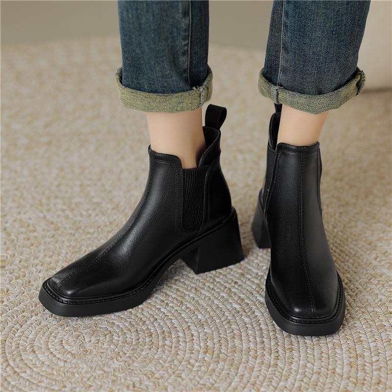 Meotina Botines de piel auténtica para mujer, con punta cuadrada