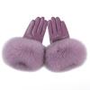 Women Genuine Lambskin Leather Gloves With Real Fox Fur Trim Cuff Winter Warm Driving Gloves-Velvet Lined