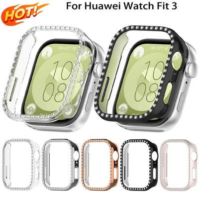 Huawei Watch Fit 3 İçin Pırıltılı PC Kılıf Çift Sıra Elmas Kristal PC Koruyucu Kapak Saat Kayışı Koruyucu Bant