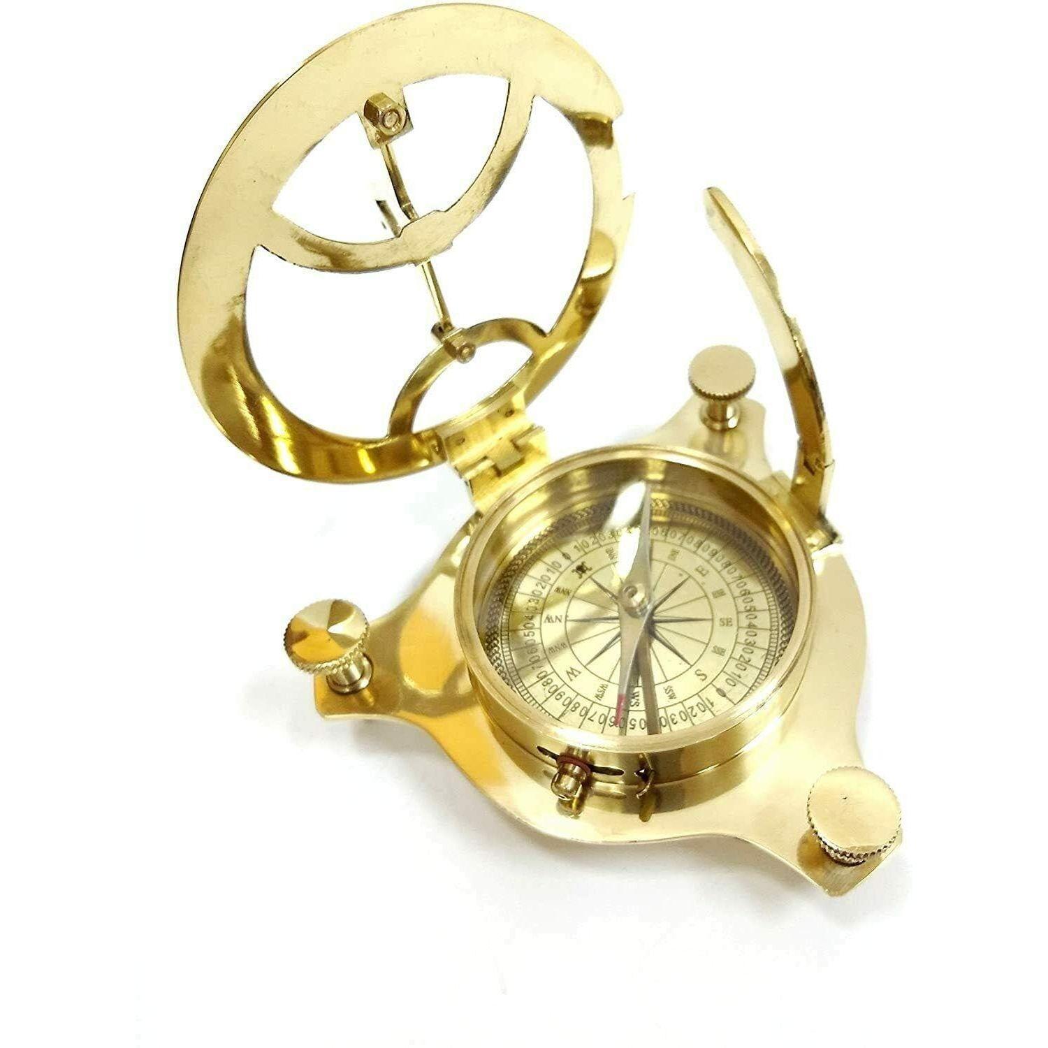 

Antique Brass Sundial Compass – 3 Sun Clock Navigation Instrument | Vintage Collectible Gift