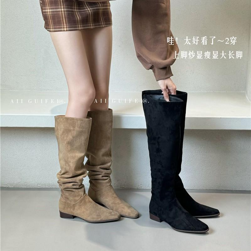 Pile boots women's cycling boots retro suede thick heel pointed new brown wrinkled tall boots autumn thin