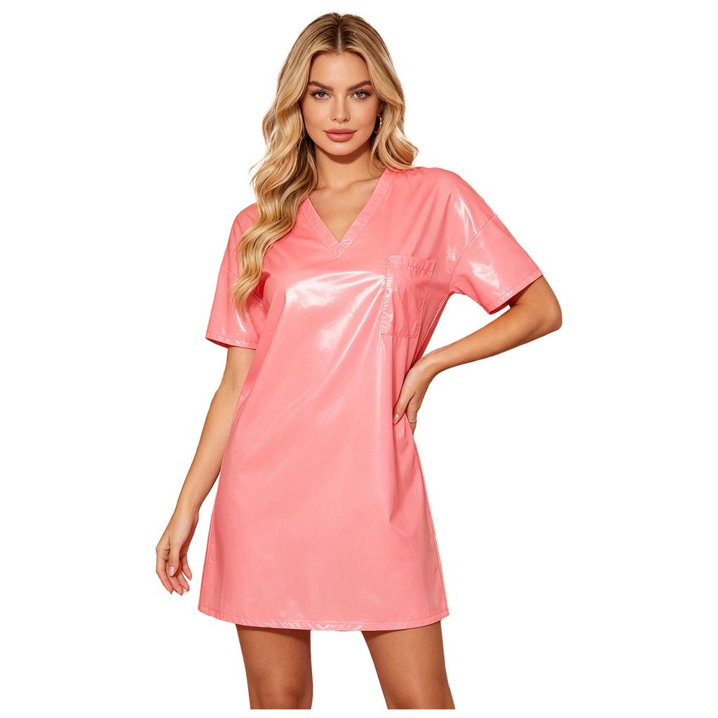 Womens Waterproof Sleep Dress V Neck Short Sleeve Side Split Loose Mini Dress Oversized T-Shirt