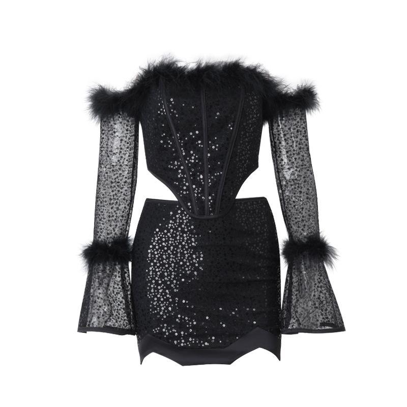 

French style Retro Gyaru Sexy Furry Sequins off-Shoulder Long sleeve Top Irregular Sheath Half-Length Short dress Set Black overskirt L