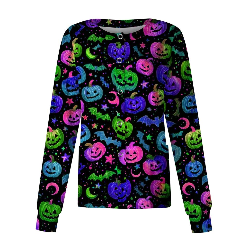 Damen Lässiger Langarm Einreiher Halloween-Print Pflegekraft Cardigan Knopfleiste Vorne Leichte Strickware