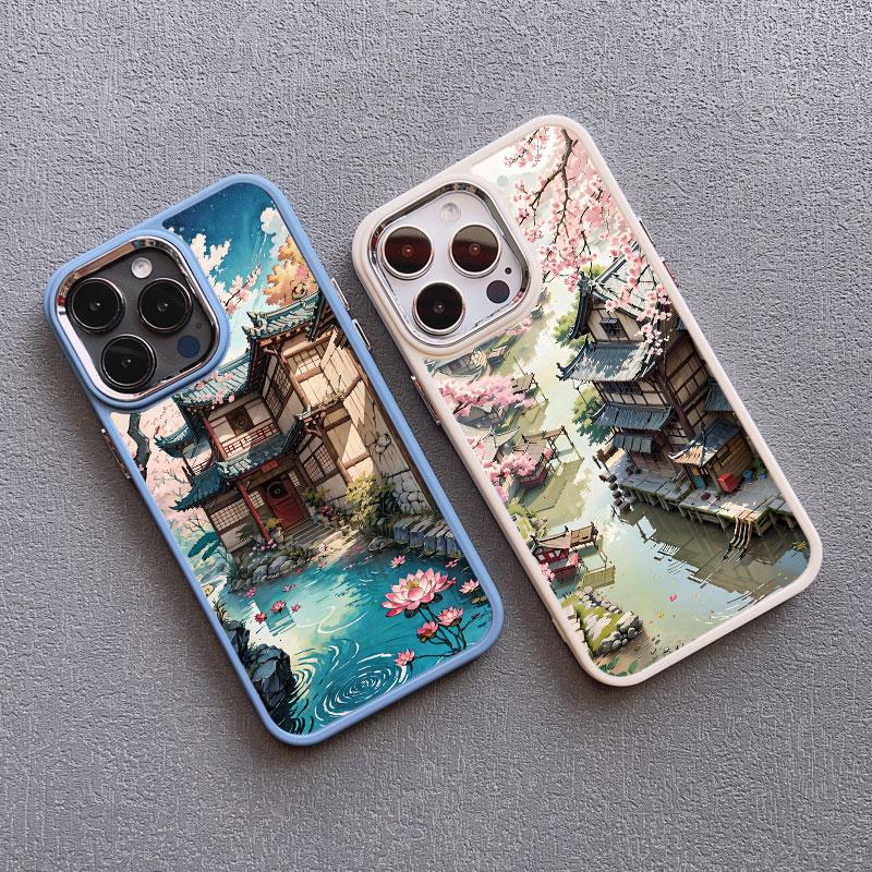 Vintage Oil Painting House Phone Case For iPhone 16 15 14 Pro Max 11 13 12 Pro MAX 7 8 Plus XR X Flower Courtyard Silicone Cover