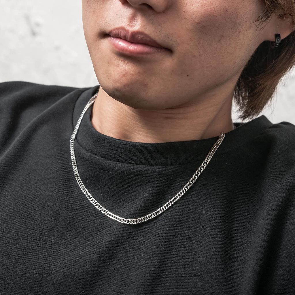 Brodiaea Men's Steel Herringbone Chain (S), Silver, Curb Chain Necklace, Fine Steel, Hypoallergenic [Total Length: 50cm]