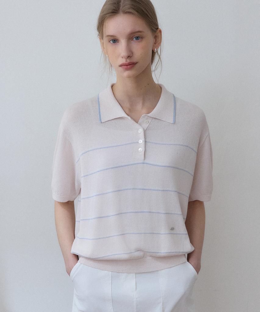 OURHOPE Linen Striped Collared Half Sleeve Knit - Pink