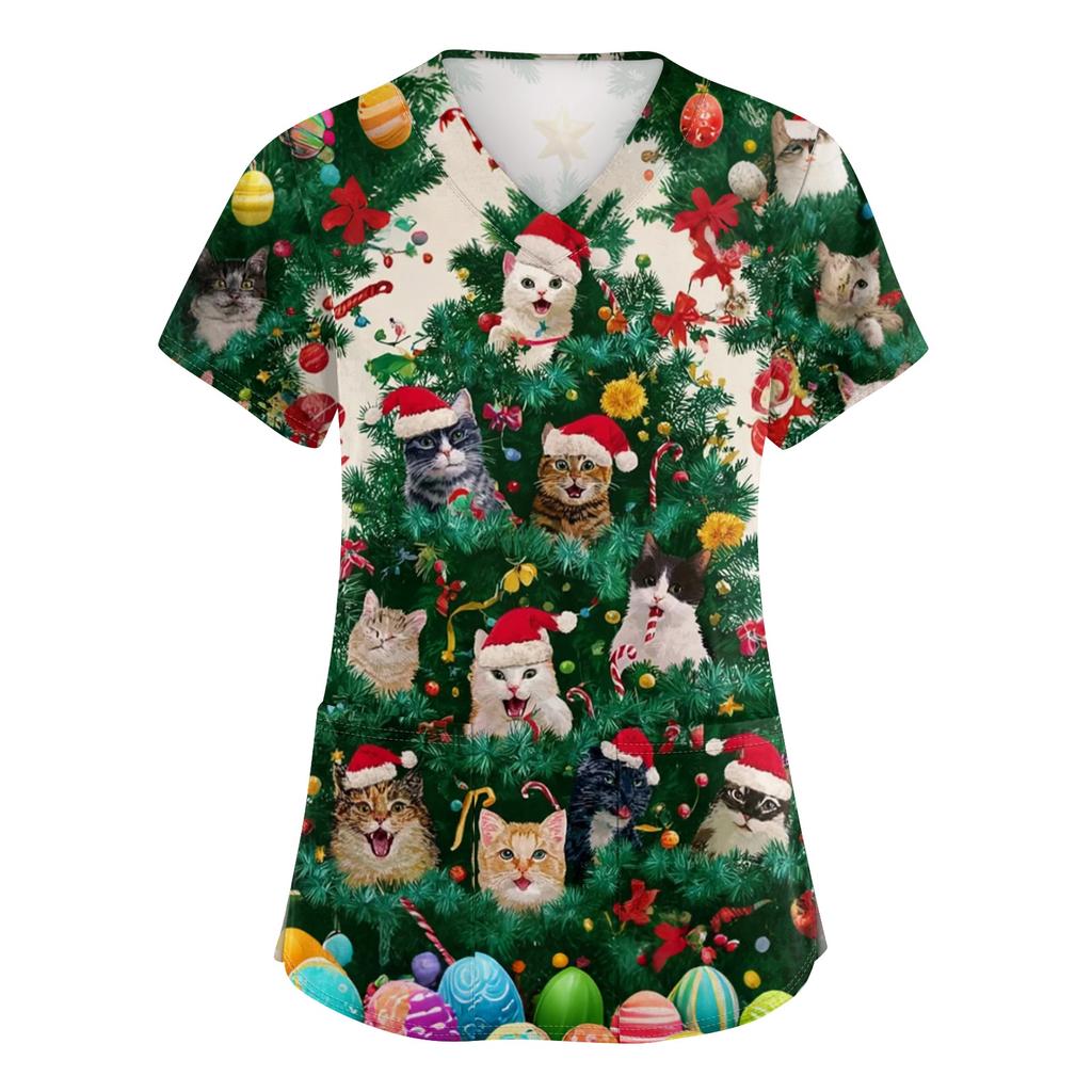 Women's V-neck Christmas printed short-sleeved pocket side-slit protective suit top