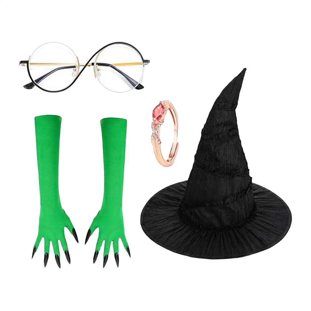 

Набор костюма ведьмы Черная шляпа ведьмы с зелеными перчатками-когтями Набор для переодевания для косплея Карнавала Фестиваля Ролевых игр Маскарада
