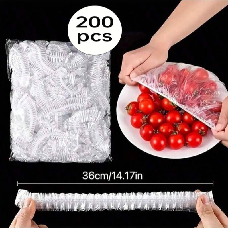 200pcs Reusable Elastic Food Storage Lids - Transparent Stretchable Plastic Bowl & Plate Sealing Film, For Aluminum Foil