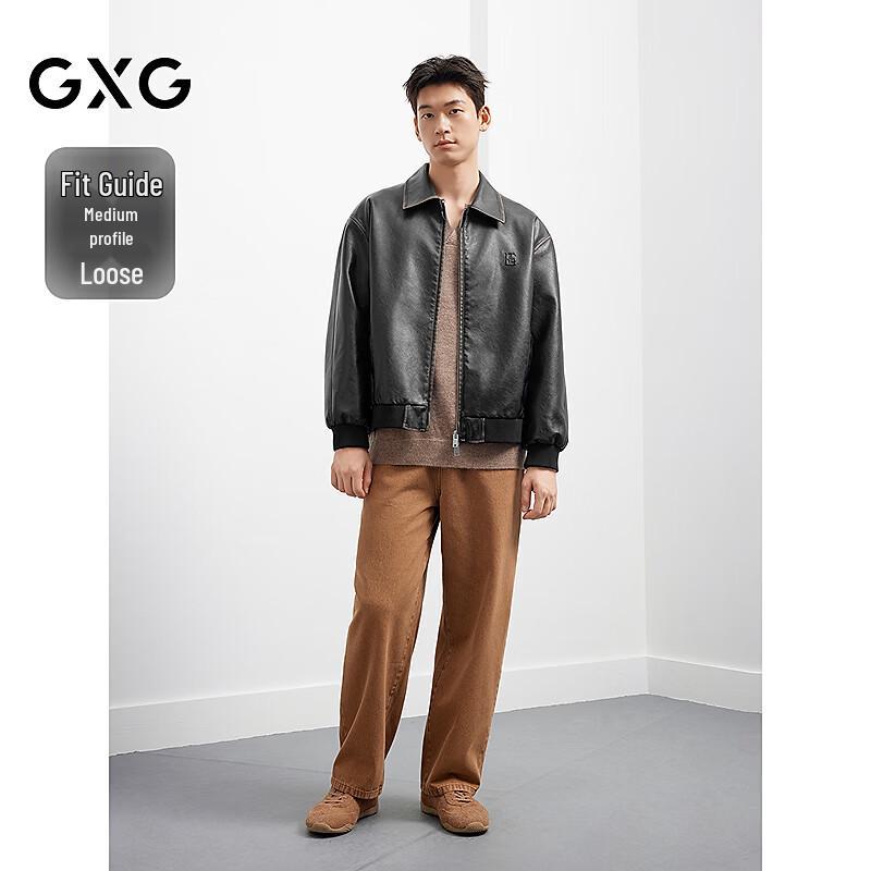 GXG Men's Simple Design PU Leather Casual Lapel Jacket