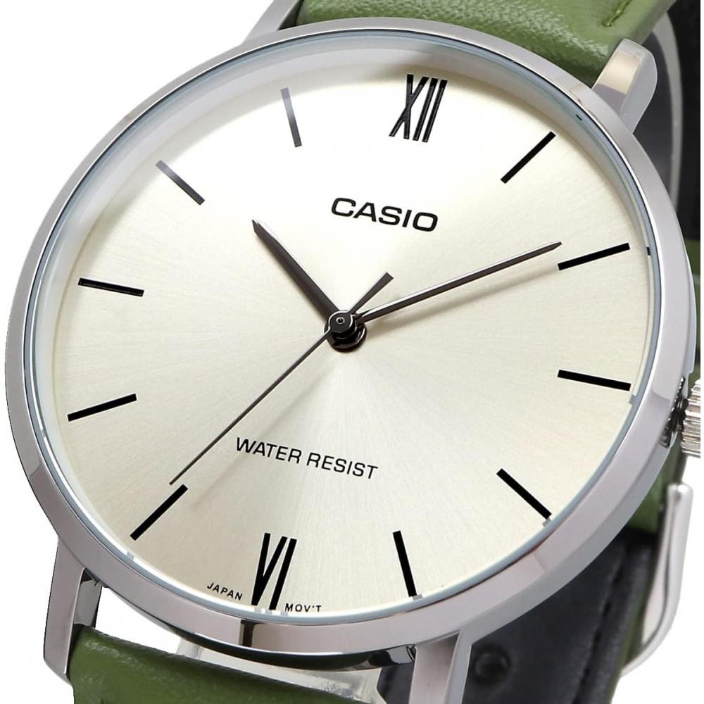 Casio Men S Quartz Watch Silver   Green Leather Band Mtp Vt01l 3b